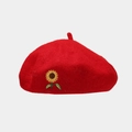 Detail of red wool beret featuring exquisite sunflower embroidery on the side surface - One Size / Red