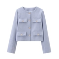 Classic light blue tweed jacket for women featuring golden buttons and four front pockets - XS / Light Blue