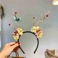 Serre-tête bois de renne style forêt avec fleurs, baies et broderie papillon - Serre-tête Branche De Noël-Fleur Jaune Papillon