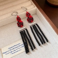 Vintage silver earrings with red gourd pendant and black bead tassels on beige velvet - Red Base Black Beaded Tassel (30# Ear Buckle-Red-Black)