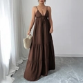 Elegant deep V-neck tiered maxi dress in brown with spaghetti straps and flowing skirt - S / Brown