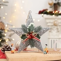 Silver glitter star ornament with pine needles and red berries on a wooden base - Pendant Style / 25cm / Silver