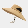 Khaki wide brim sun hat with breathable mesh and windproof drawstring for hiking - Khaki