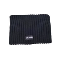 Close-up of black knitted headband with vertical ribbed texture and grey logo patch - Black