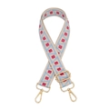 Close-up of geometric jacquard woven strap with adjustable gold lobster buckles - V-30 Lake Blue Rose Red Dots