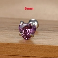 Macro shot of 6mm purple heart-shaped cubic zirconia stud with silver titanium base - 6mm Silver Tone Purple Style (E1611)