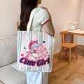 Large beige canvas tote bag with Cute Girl print and colorful stripes for daily commute - Princess's Hug