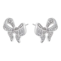 Macro shot of silver bow earrings with pavé set zircons and dangling tassel detail - VE1275 White Gold