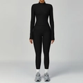 Women's black ribbed yoga set featuring full-zip long sleeve top and high waist leggings - S / Jacket + Trousers / Premium Black