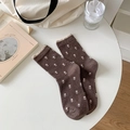 Brown mid-calf socks with white tulip patterns and beige ruffled cuffs in vintage style - One Size / Coffee
