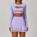 Two-piece lavender yoga set featuring long sleeve cutout top and pleated mini skirt - S / Top And Bottom / Long Sleeve And Skirt / Lilac Purple