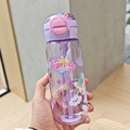 Detailed close-up of a purple lid water bottle with unicorn graphics and built-in straw - 600ml / LF-2028 Purple (Unicorn)