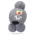 Grey knit winter hat for kids featuring three fluffy pom-poms and a cute bear patch - Gray