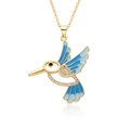 Gold plated hummingbird necklace with blue enamel and sparkling micro-set cubic zirconia - Hummingbird