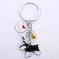 Silver metal keychain with Schnauzer pendant, gold bell and I Love Dogs white round tag - Black Schnauzer + I Love Dogs Tag