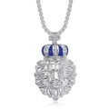 Pendente testa di leone hip-hop argento con corona blu e zirconi bianchi da uomo - Ciondolo Singolo Color Argento