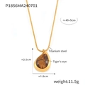 Detailed view of titanium steel teardrop necklace featuring a tiger eye stone and dimensions - Gold Teardrop Tiger Eye Pendant Necklace (P1856MA240701)