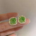 Elegant gold square stud earrings with green resin stone and white zircon border - Vintage Green Square Stud Earrings (46#)