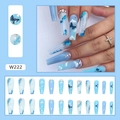 Blue long coffin press on nails with butterfly designs and sparkling rhinestone accents - Ice and Snow Butterfly (W222) / Glue Type
