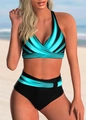 Two-piece halter bikini with teal sunburst print and high-waisted black swim bottoms - S / Blue Black Stripes