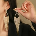 Elegant long silver fringe tassel earrings with sparkling rhinestones for evening wear - Silver Oval Frame Long Tassel (288)
