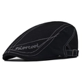 Black cotton newsboy cap with white contrast stitching and adjustable metal buckle back - Adjustable / Black Embroidery Forward Cap