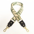 Adjustable wide canvas shoulder strap with green pattern and brown leather ends - No.6 Beige Leaf Jacquard + Black Leather