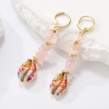Bohemian dangle earrings with pink gravel stones and painted shell charms in gold finish - 04 KC Gold Pink Jade K-259