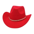 Detail of red cowboy felt hat with sparkling sequined trim band and stiff curved brim - Red