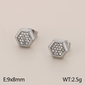 Silver hexagonal stainless steel stud earrings with shimmering clear rhinestones pavé - Hexagon Style / Silver
