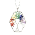 Macro detail of handmade silver hexagon wire tree of life necklace with multi-colored stones - Rainbow