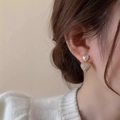 Elegant gold heart earrings with white pearl and micro-paved zircon crystals on a model - EH0341/Gold Pearl Pave Heart Dangle