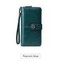 Peacock blue RFID blocking leather long wallet with wristlet and hollow decoration - Teal