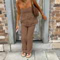 Ensemble haut bustier et pantalon droit pour femme en lin de coton marron élégant - S / Haut Et Bas / Marron