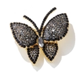 Luxuriöse Vintage Schmetterlingsbrosche mit schwarzen Kristallen auf Goldlegierung - Goldene Basis Schwarzer Strass