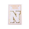 Detail of 8cm white chenille letter N patch with gold glitter border and self-adhesive back - Letter N / White