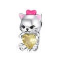 Silver cat charm with a pink bow and yellow heart zircon stone for DIY jewelry - CCT316-Bowtie Cat