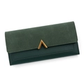 Deep green long PU leather wallet with suede texture and golden V-shaped metal clasp - Green