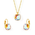 Elegant gold necklace and earring set with square aurora crystals on white background - Gold-AB Aurora Crystal