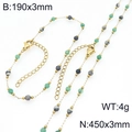 Golden titanium bead chain jewelry set with green clover charms and bracelets - Green & Grey Style (Style 7)