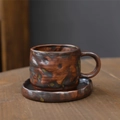 Vintage Japanese style ceramic coffee cup and saucer set in rustic dark brown finish - Hand-crushed Coffee Mug Set - Brown 270ml / Universal