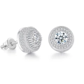 Boucles d'oreilles hip hop argentées avec moissanite ronde et pavé de zircons cubiques - Style Cluster de Luxe / Argent (OHE003-3 Or Blanc)