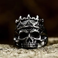 Anillo de calavera punk vintage con corona en acabado plata antigua para hombres en piedra - Abierto Ajustable / Estilo de Cabeza de Fantasma con Corona