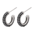 Detail of C-shaped hoop earrings with three rows of micro-pave black cubic zirconia stones - 1 Pair / Platinum Plated Black Zirconia