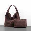 Dark brown woven hobo bucket bag with matching inner pouch on minimalist background - Suede Coffee