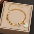 Gold double-chain stainless steel necklace with blue enamel heart and gem pendant - Bracelet