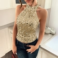 Elegantes Neckholder-Top mit goldenen Pailletten für Damen mit glänzendem Finish - Champagner