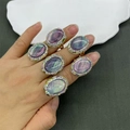 Vintage style gold ring set featuring oval purple gemstones and sparkling rhinestone halos - K-0898 Iridescent Stone Vintage Ring