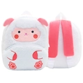 Cute white plush sheep backpack for kids featuring soft fleece texture and pink straps - Lamb