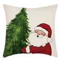 Christmas pillowcase featuring a cartoon Santa Claus hugging a green tree on linen fabric - Beige Santa Hugging Tree